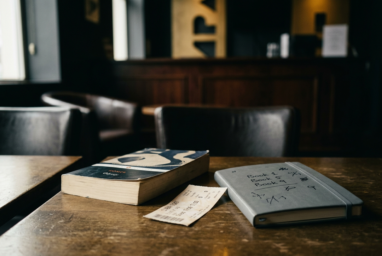A paperback copy of Homer’s Odyssey beside a cinema ticket and a notebook open to Book 9.