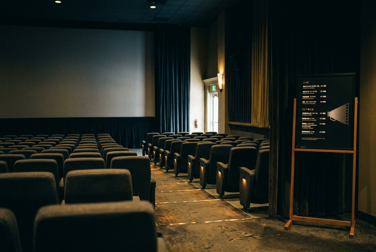 An empty IMAX auditorium with a tall screen and rows of premium seats awaiting a trailer presentation.