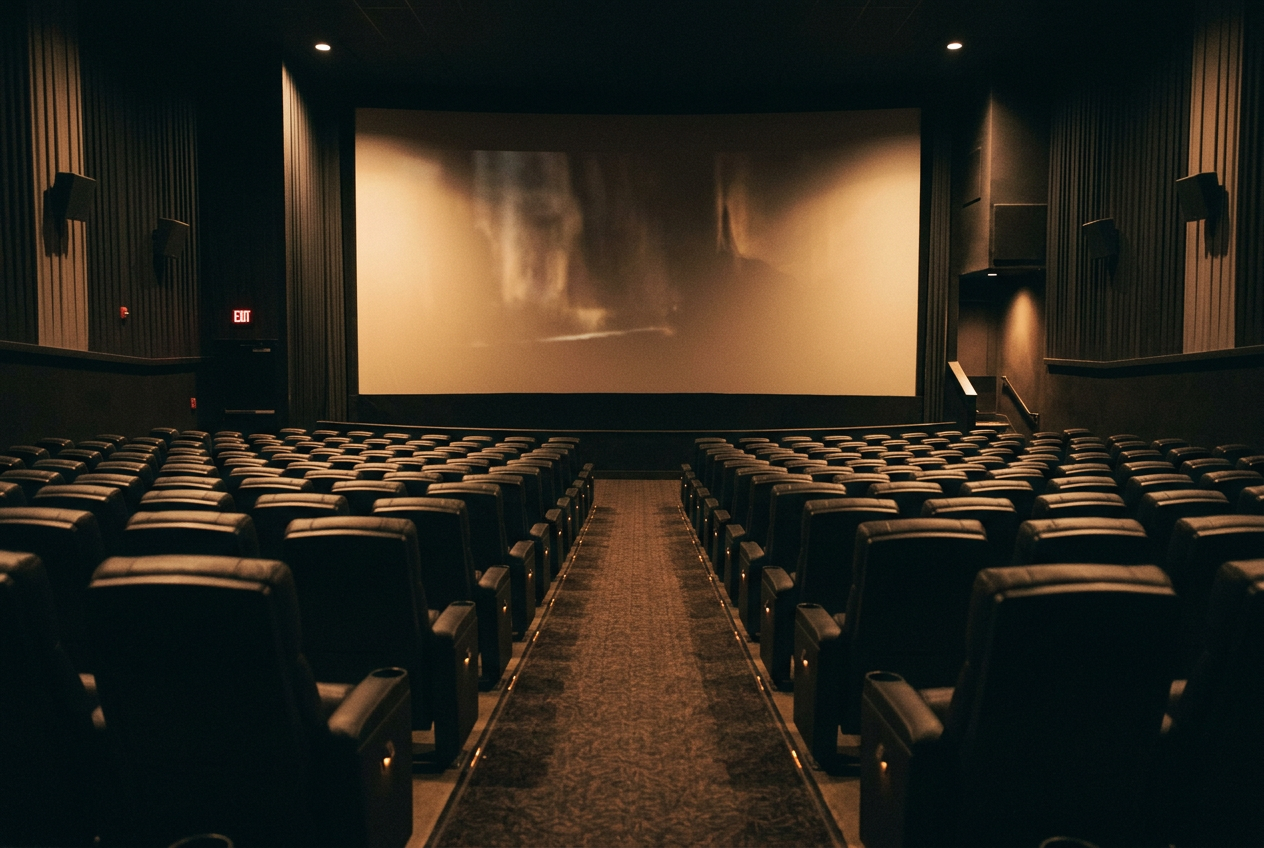 An empty premium-format auditorium with a centered seat facing a wide blank screen.