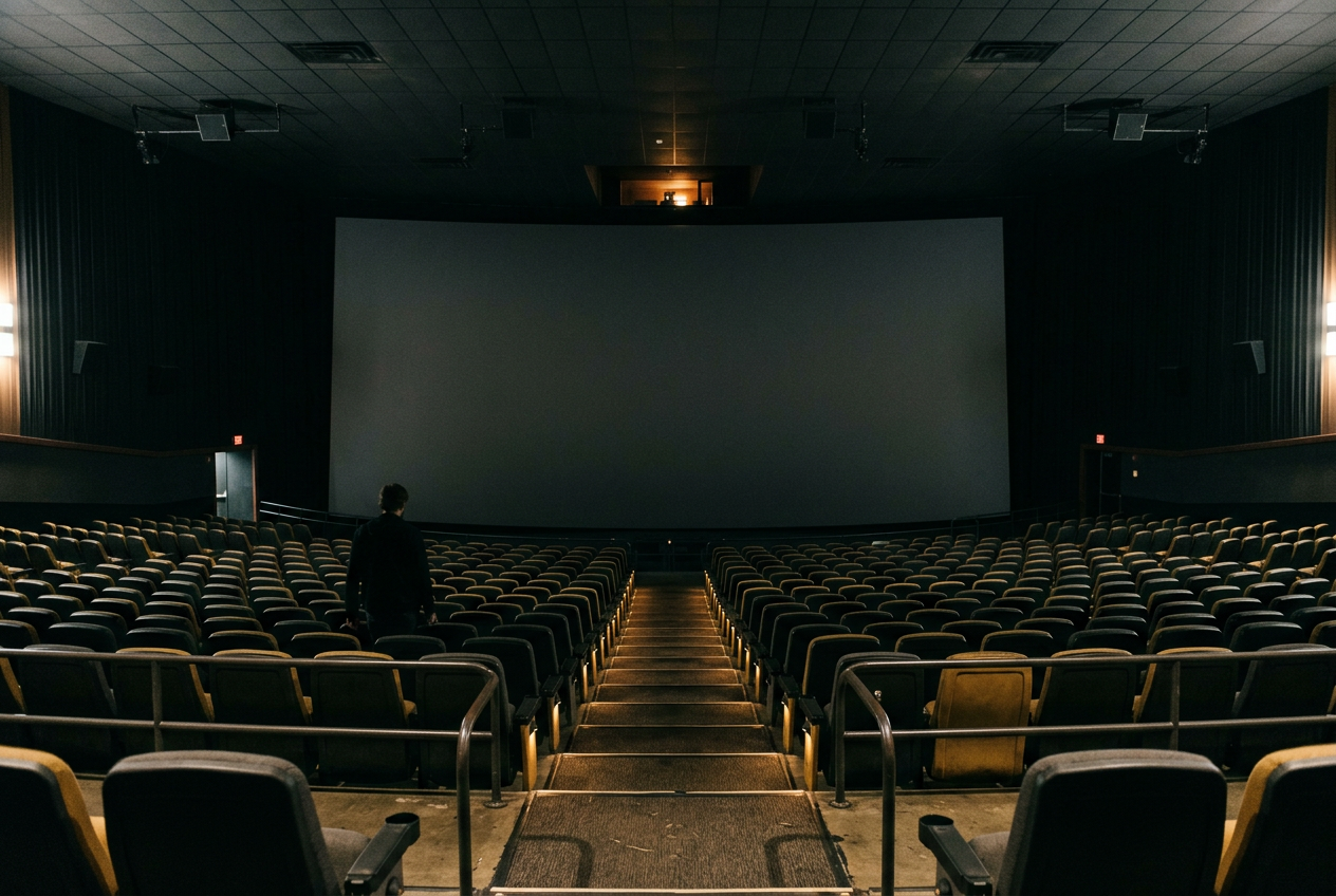 A cinema auditorium with a tall IMAX screen and empty rows before a large-format presentation.
