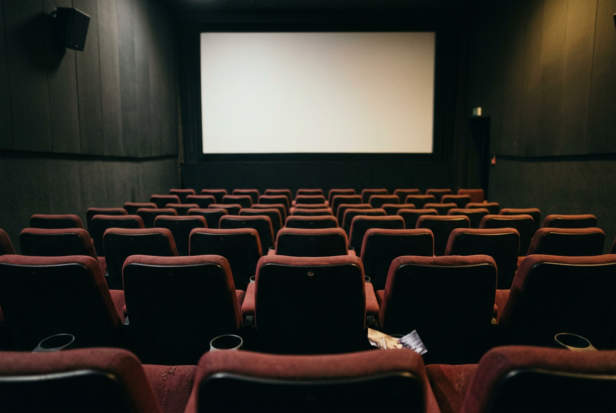 An empty standard cinema auditorium with a centered seat facing a blank screen.