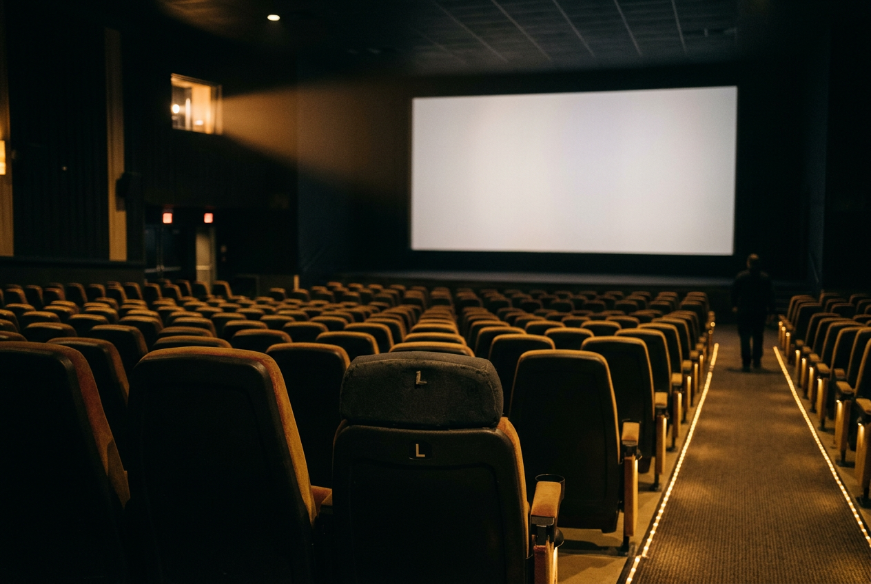 An empty premium-format auditorium viewed from centered seats, with the screen blank and aisle lights on.