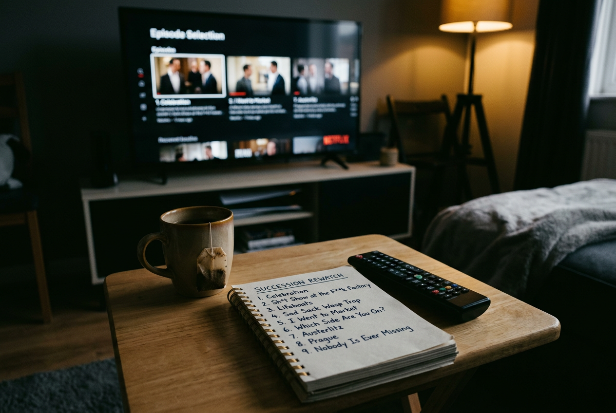 A remote and handwritten Stranger Things rewatch list beside a television showing the Netflix episode menu.