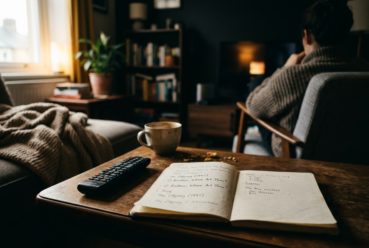 A notebook listing O Brother, Troy and The Odyssey beside a remote on a living-room table.