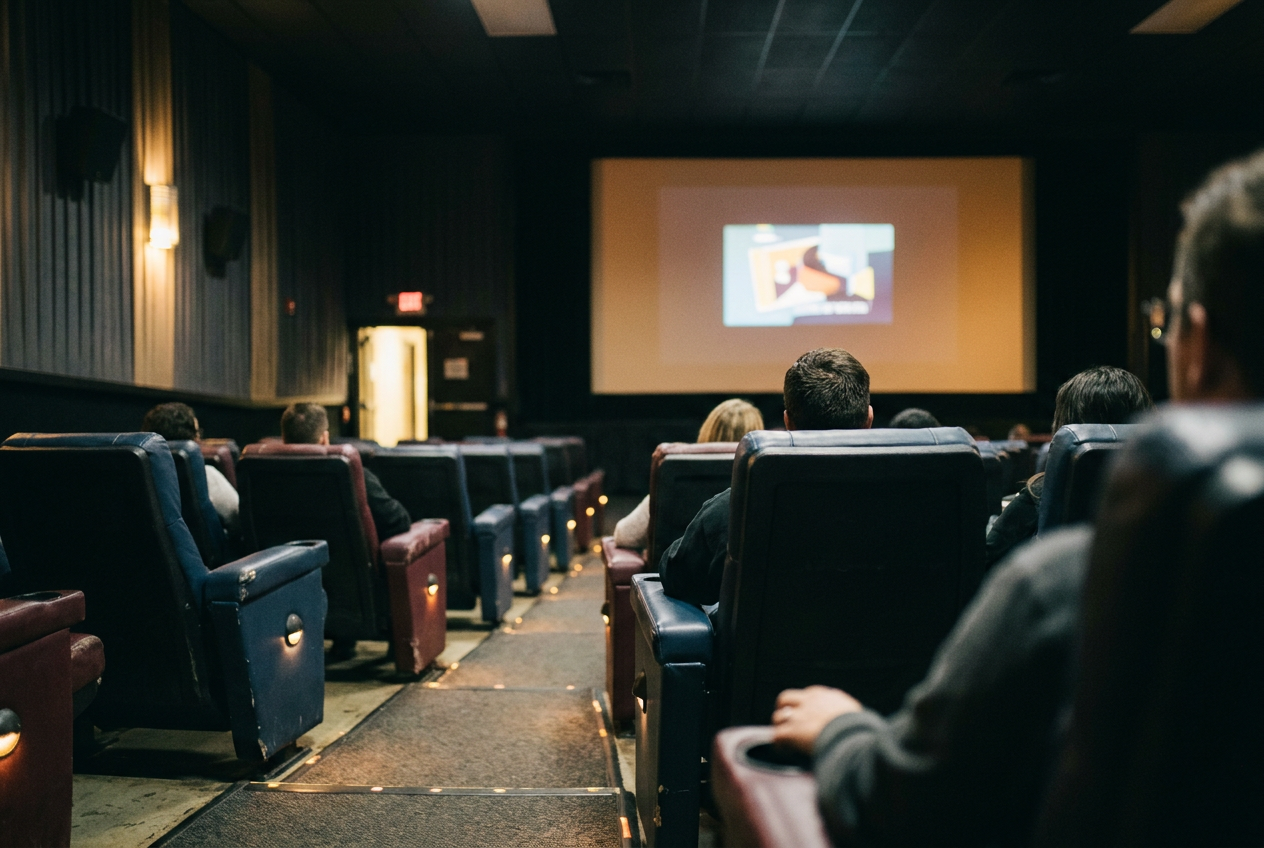 A movie theater auditorium clock and empty recliner seats before a listed evening showtime.