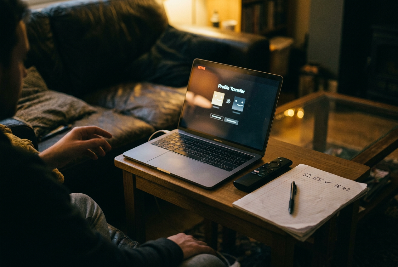A laptop showing Netflix profile controls beside a remote and a note recording a half-watched episode.