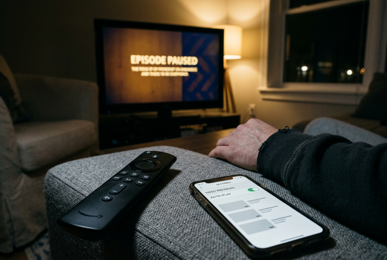 A TV showing a static streaming menu beside a remote, with autoplay preview settings open on a phone.