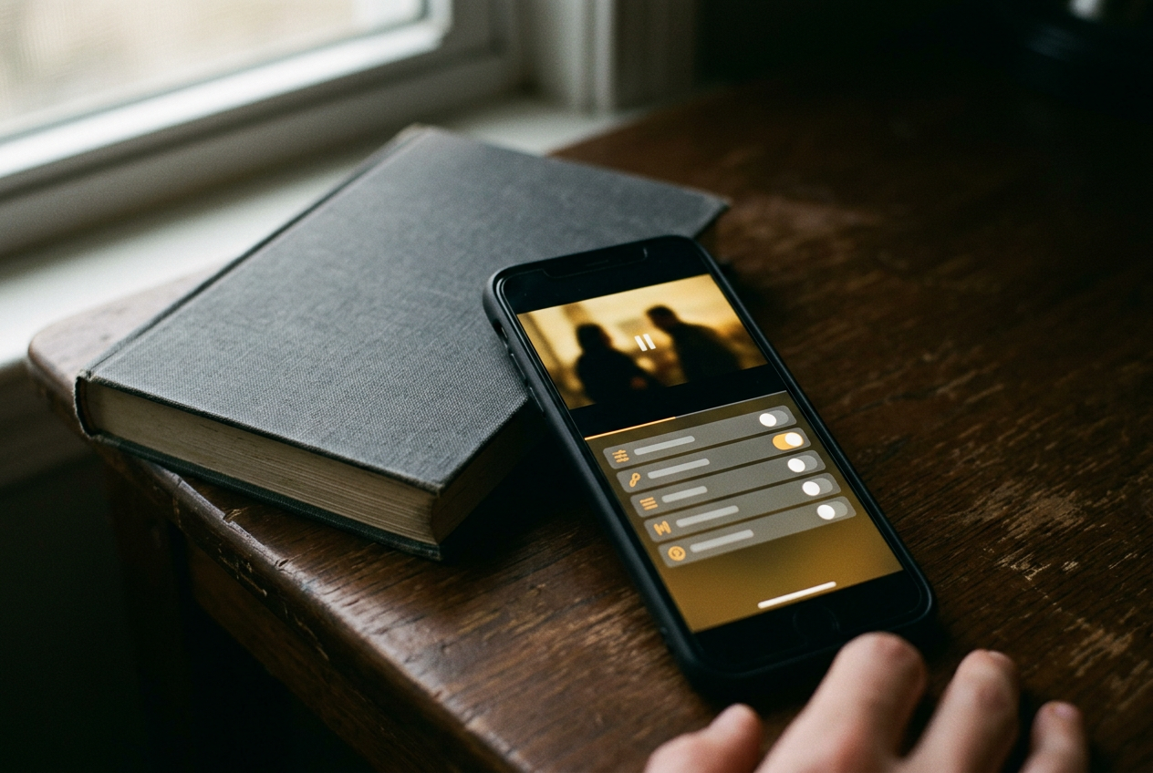 A phone showing muted Verity search results beside a closed copy of the novel on a table.