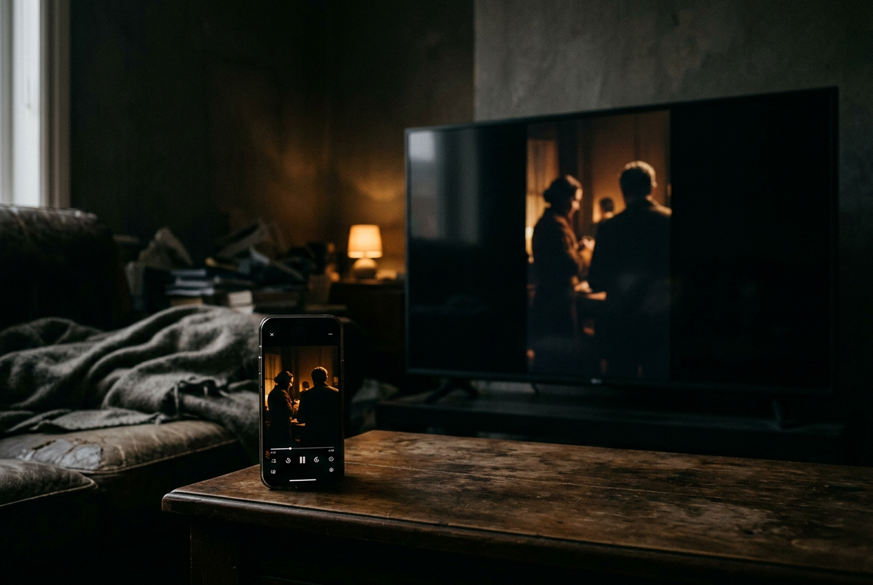A phone showing a portrait drama mirrored upright in the center of a widescreen television.