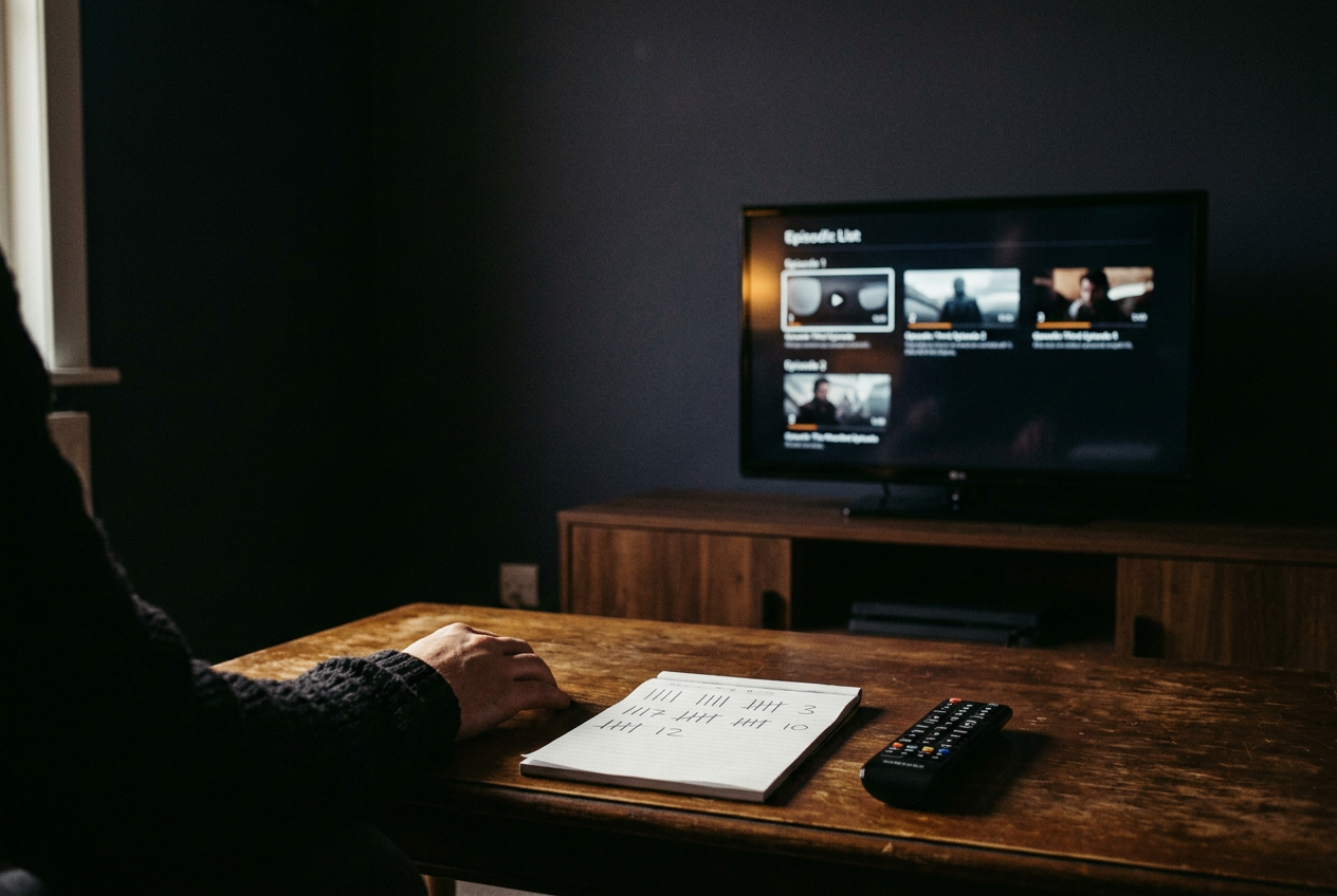 A television paused on Andor’s episode menu beside a remote and a handwritten nine-sitting viewing plan.