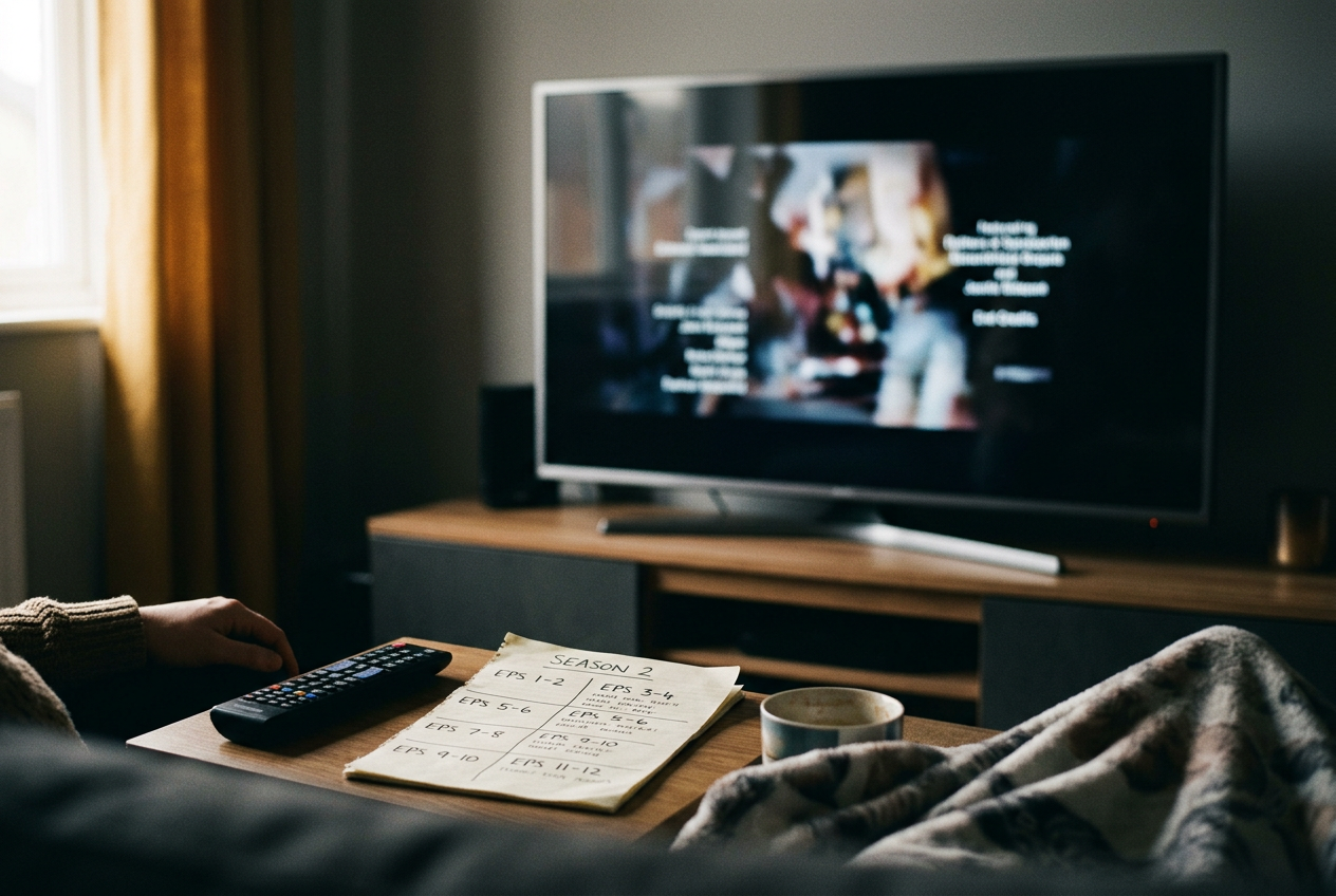 A television paused between two episodes of The Pitt beside a remote and a handwritten viewing schedule.