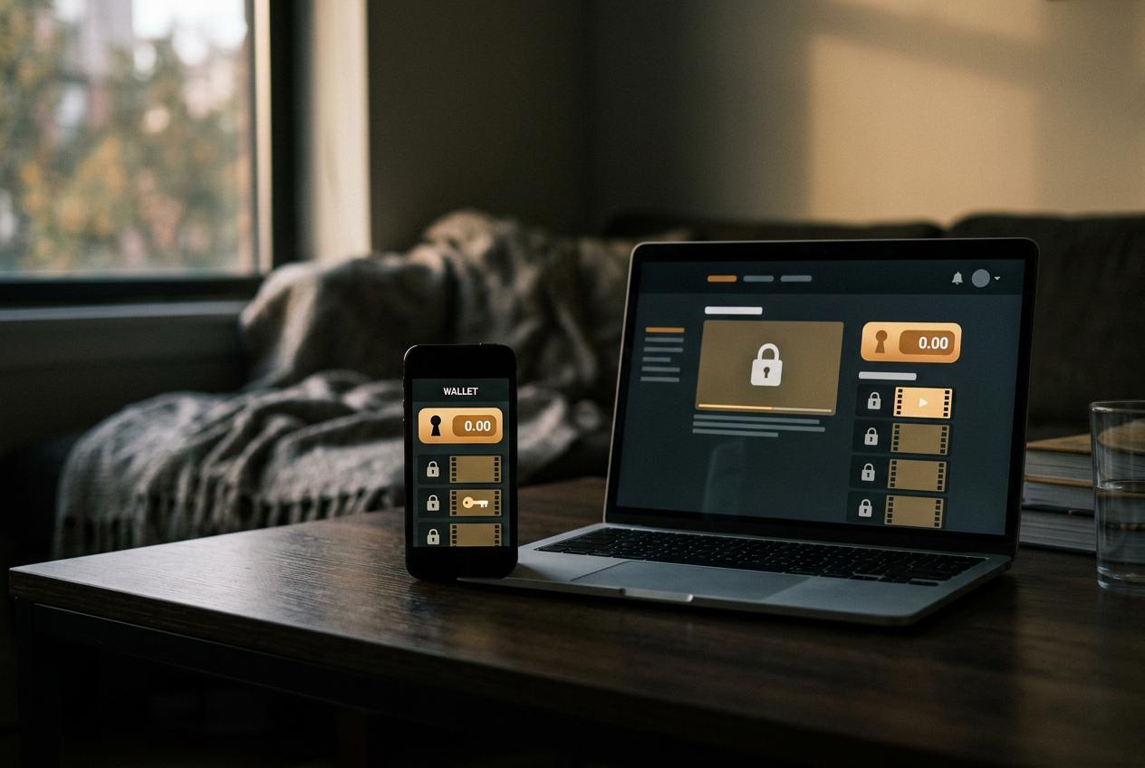A phone beside a laptop, both showing the same vertical-drama account and its coin wallet screen.