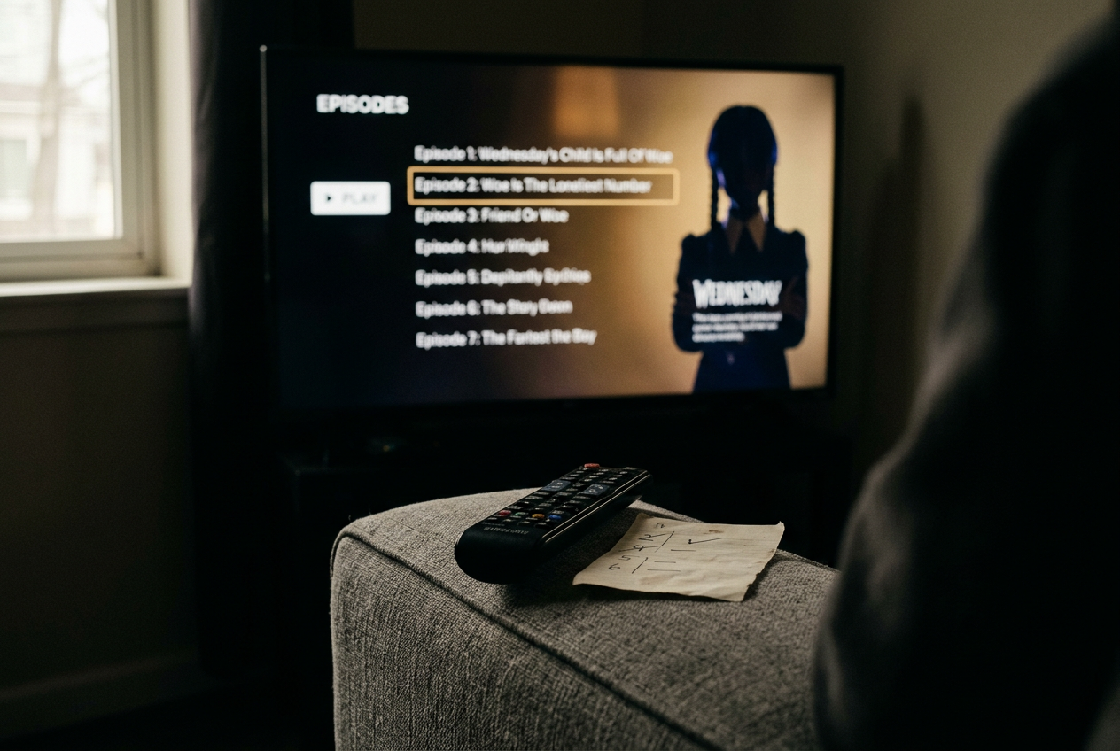 A television paused on the Wednesday episode menu beside a remote and a handwritten two-night viewing plan.