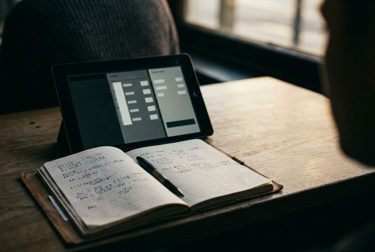 A cinema checkout screen beside a notebook listing New Jersey theaters, showtimes, formats and surcharges.