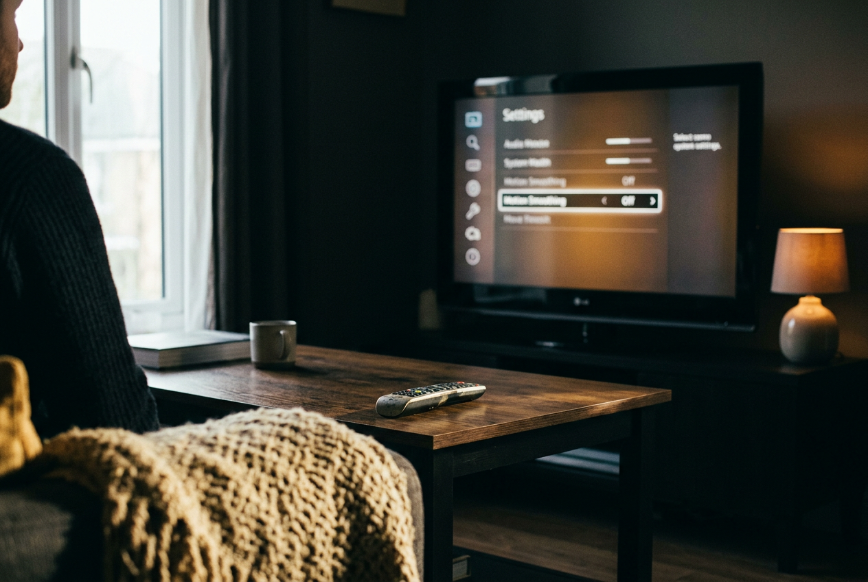 A television picture menu showing motion interpolation switched off beside a remote control.
