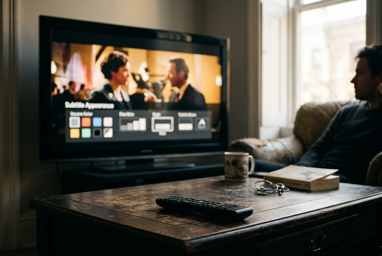 A television showing subtitle appearance controls beside a paused streaming program, with a remote on the table.