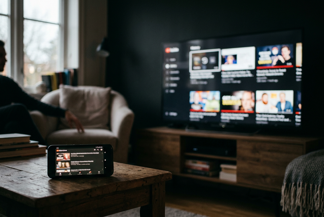 A television showing YouTube settings beside a phone opened to the Subscriptions feed, with no movie artwork visible.
